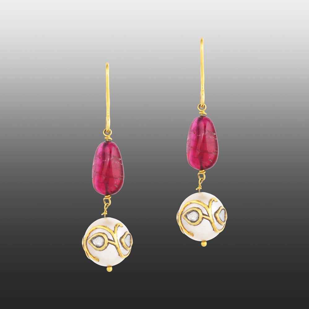 Tourmaline Drop Earrings with Jadau Pearl Bead and Fish Hook